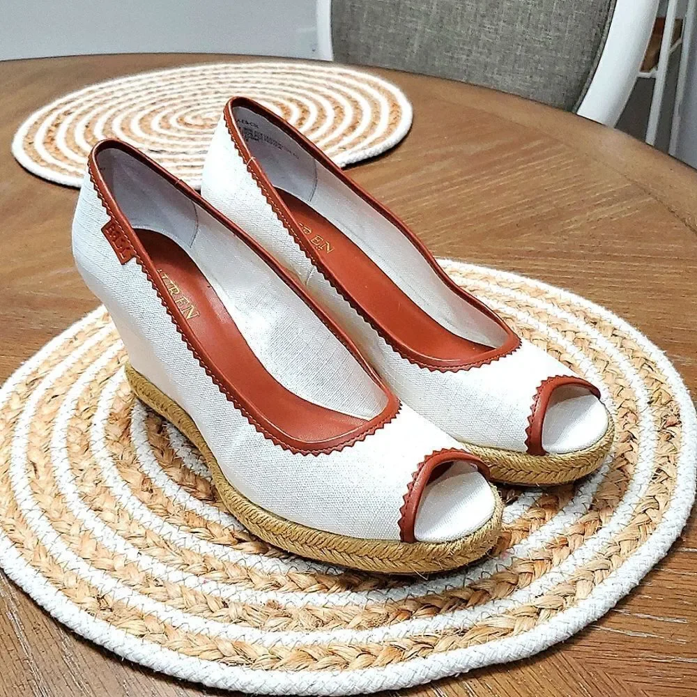 Lauren by Ralph Lauren Nella Espadrille Wedge Sandals White/Tan 9.5B